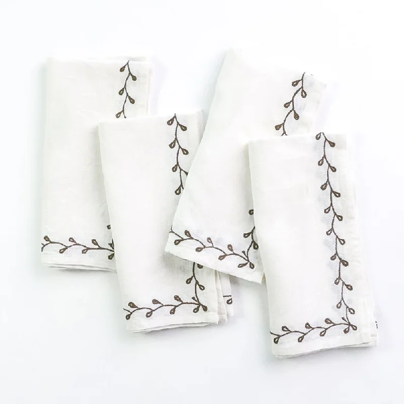 Lightweight melamine bowls-Twig & Bud Brown Embroidered Linen Napkin | Set of 4