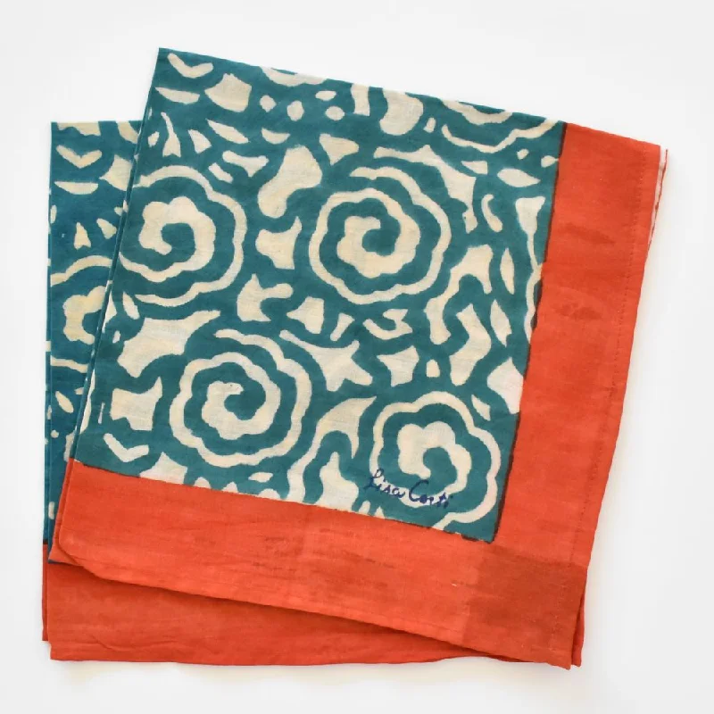 Handmade clay soup bowls-Lisa Corti Spiral Peacock block printed cotton napkins - set of 2