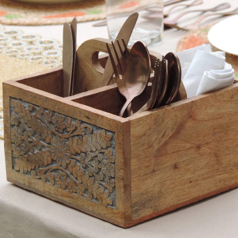 Compact travel utensil kits-Wooden Sculpted Cutlery Holder / Natural / 20*21*12 cm