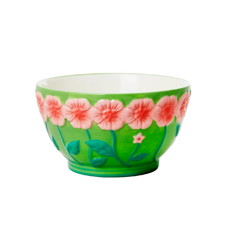 Compact travel utensil kits-Rice DK Medium Ceramic Bowl with Embossed Flower Design - Green