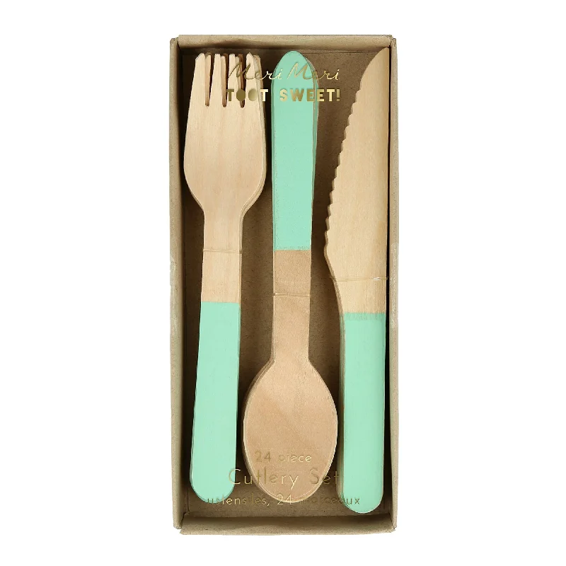 Dishwasher-safe glass bowls-Mint Green Wooden Cutlery Set, 24 Count