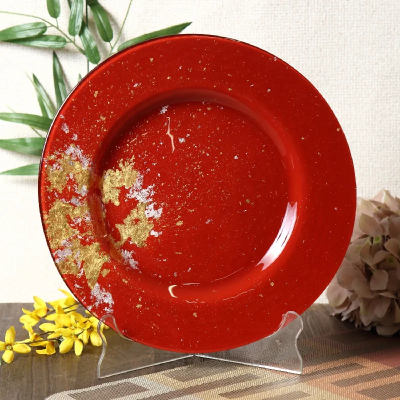 Elegant porcelain dinner plates-Syosaku Japanese Urushi Glass Dinner Plate 12.5-inch (32cm) Vermilion with Gold Leaf, Dishwasher Safe