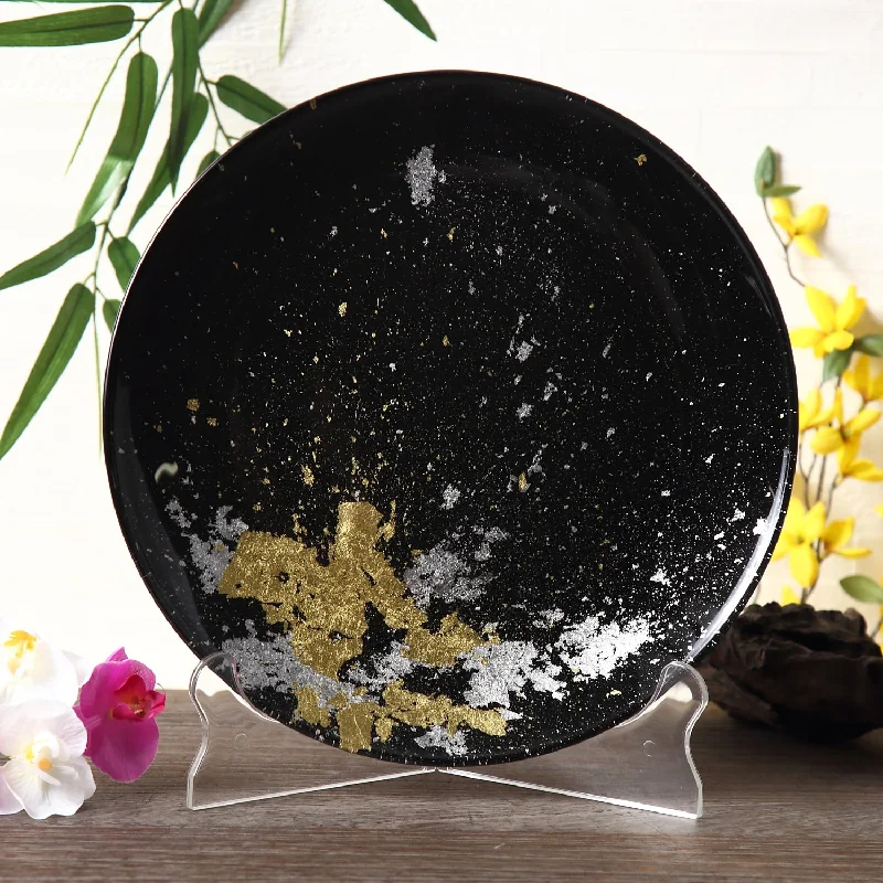 Handmade clay soup bowls-Syosaku Japanese Urushi Glass Flat Dinner Plate 11-inch (28cm) Jet Black with Gold Leaf, Dishwasher Safe