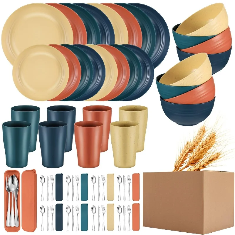 Durable melamine dinner sets-64 Pcs Wheat Straw Dinnerware Sets with Stainless Steel Flatware Unbreakable Plates Sets Colorful Tableware Microwave Dishwash