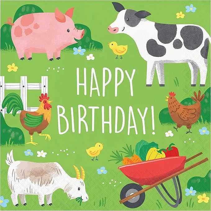 Handmade clay soup bowls-Farm Animals Happy Birthday Lunch Napkins | 16 ct