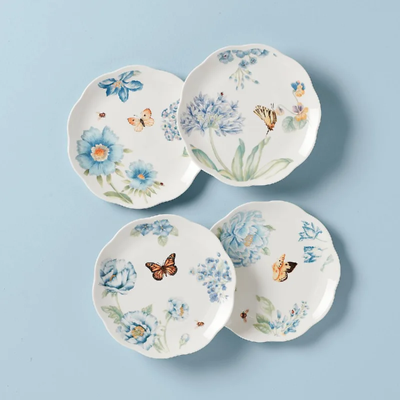 Handcrafted clay dessert plates-Butterfly Meadow Blue 4-Piece Dessert Plate Set