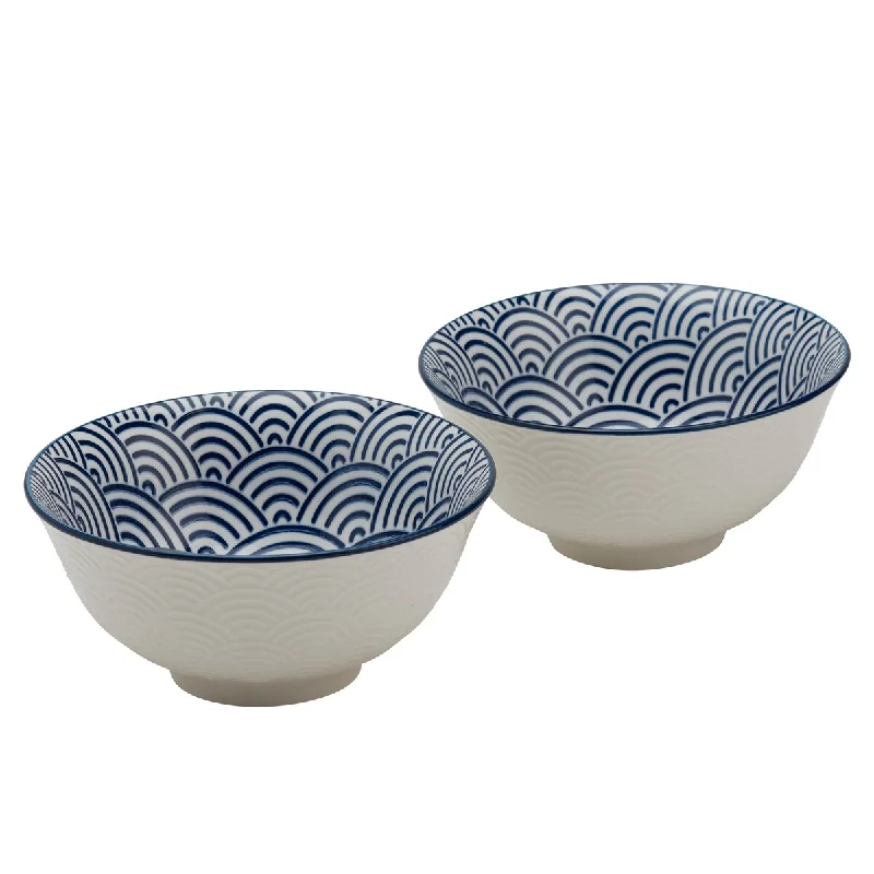 Bold red ceramic plates-Tabletops Gallery 6" Blue Wave Embossed White Stoneware Ramen Noodle Bowls, Set of 2 - 6.125"