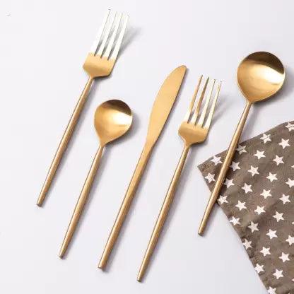 Minimalist stainless steel spoons-SET OF 5 CUTLERY SET FOR DINING TABLE KITCHEN , SPOON FORK SET(Gold) Stainless Steel Cutlery Set  (Pack of 5)