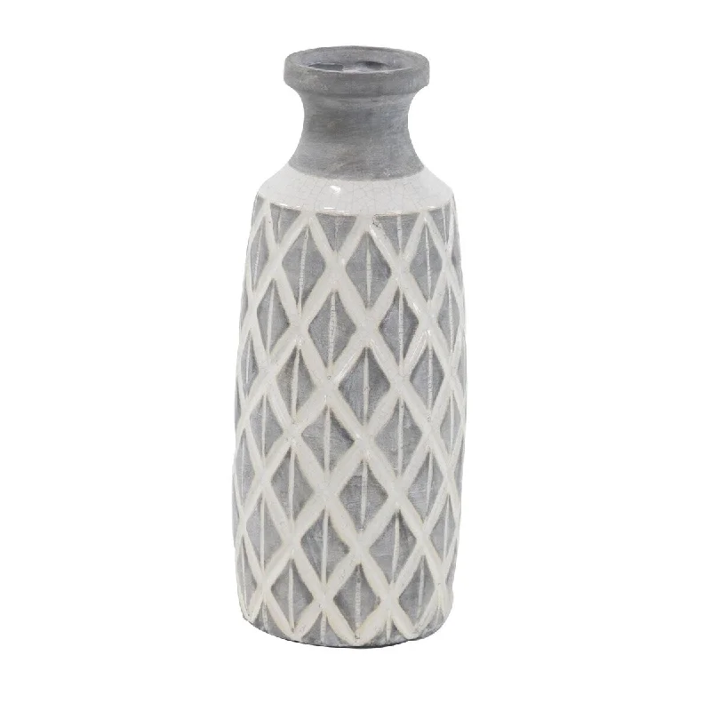 Designer crystal chandeliers-Ceramic Decorative Vase with Diamond Pattern - Gray - Roche River Decor