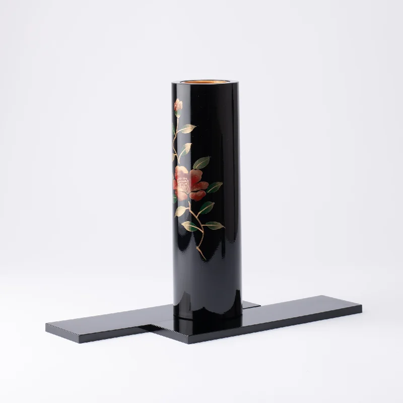 Rustic wooden candle holders-Fukunishi Sobe Camellia Aizu Lacquer Cylindrical Flower Vase with Tray