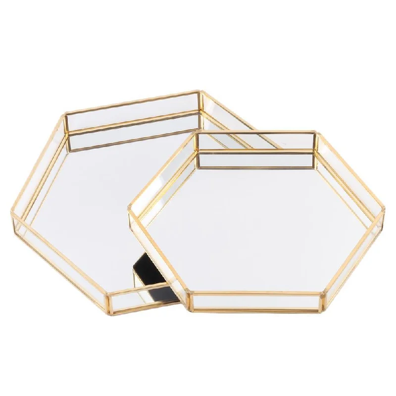 Modern abstract wall shelves-Set of 2 Glass Mirror Hexagonal Trays Vanity Set