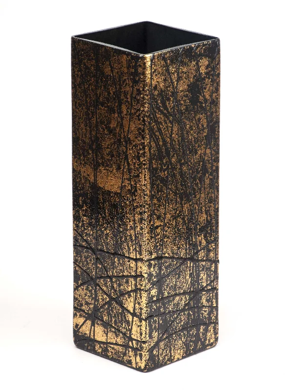 Sleek stainless steel sculptures-Handpainted Glass Vase | Glossy Gold Art Square Vase for Flowers| Table vase 12 inch | Home Decor | Interior Design | 6360/300/lk286