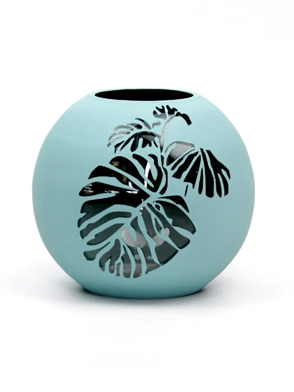 Cute kids’ wall mirrors-Handpainted Glass Vase | Painted Blue Leaves Art Glass Round Vase | Interior Design Home Room Decor | Table vase 6 inch | 5578/180/sh160.2