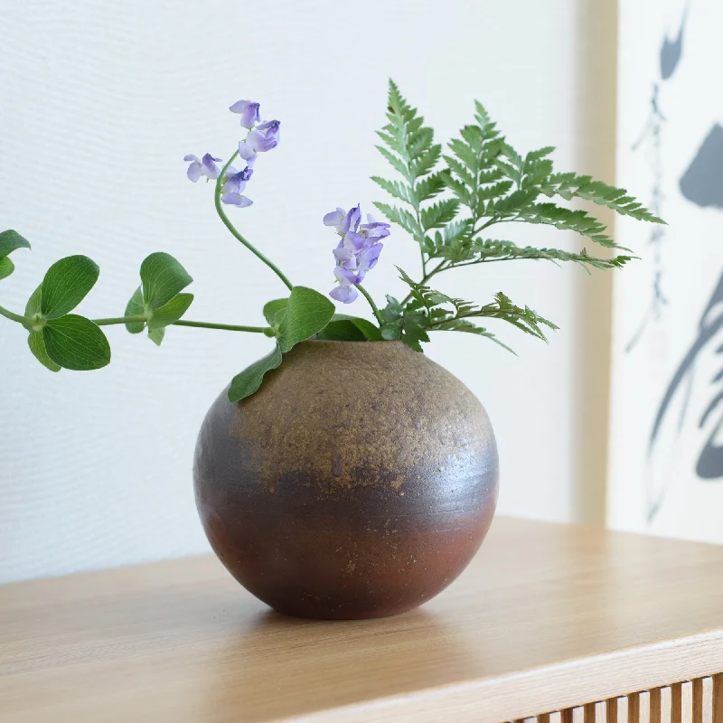 Retro ceramic wall planters-Hozan Kiln Goma Bizen Ware Round Flower Vase