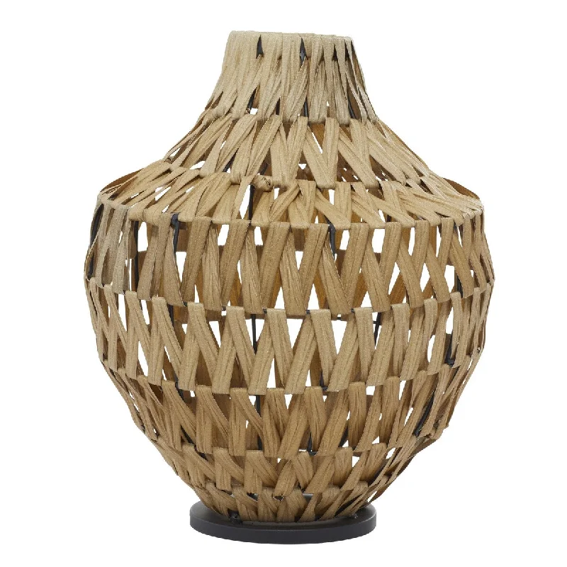 Bold black accent vases-Plastic Rattan Handmade Woven Decorative Vase with Black Metal Base - Brown - Roche River Decor