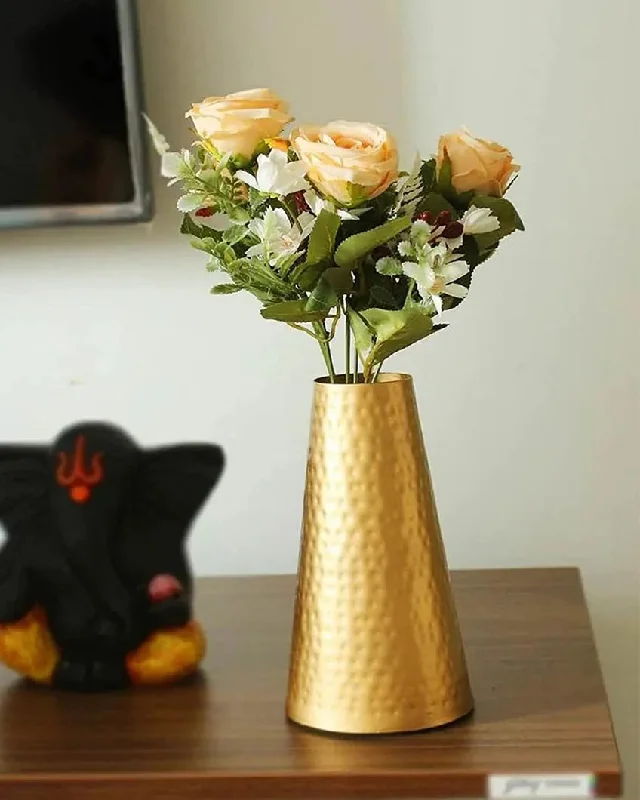 Rustic wooden table decor-Vintage Antique Gold Hammered Metal Flower Vase | 4.5 x 9 inches | "Flower Not Include"