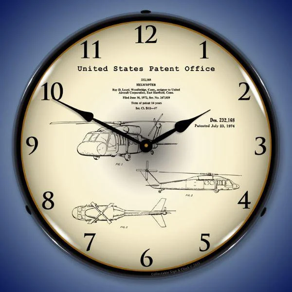 Modern geometric wall art-1972 Sikorsky UH-60 Black Hawk Patent Backlit LED Clock