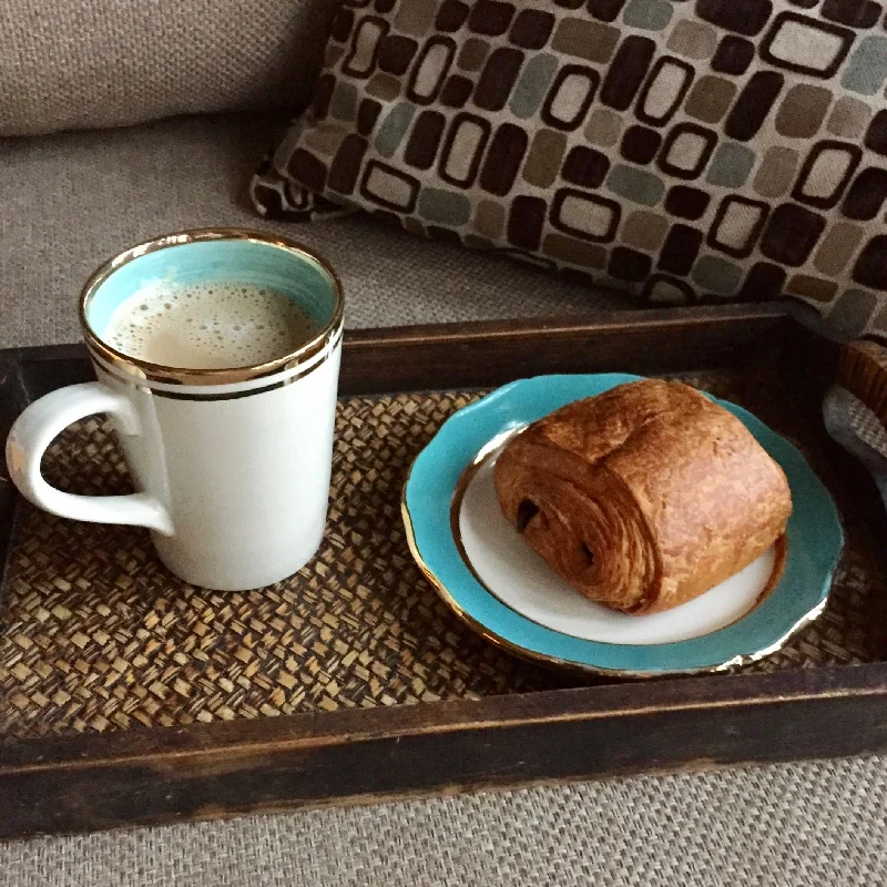 Eco-friendly bamboo cups-Aqua & gold set. Stockholm mug with Sultanate side plate.