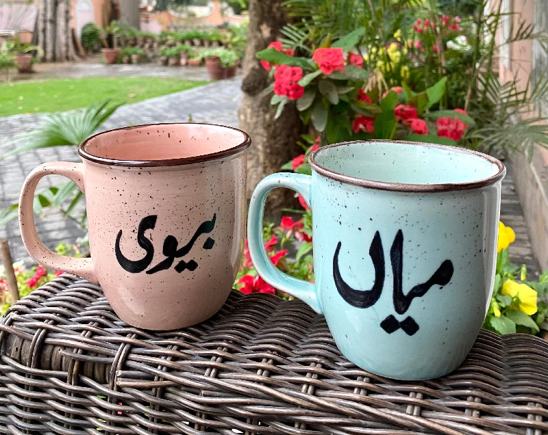 Double-walled insulated mugs-Aqua & Pink Mian Biwi mugs pair