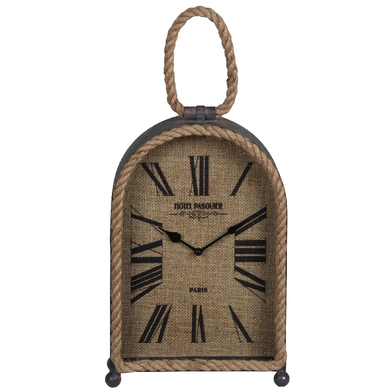 Cute kids’ wall mirrors-Benzara Arch Shape Metal Table Clock with Rope Edges and Handle, Gray and Brown