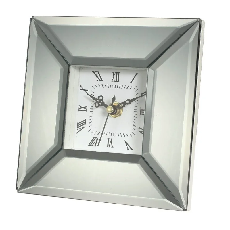 Sleek glass accent vases-Benzara Beveled Glass Clock with Roman Numerals and Wooden Base, Clear and White