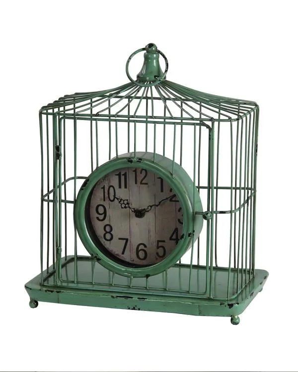 Cozy knit blankets for winter-Benzara Bird Cage Iron Table Clock with  Ring Handle, Green and White