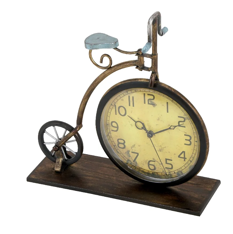 Vintage floral accent pillows-Benzara BM216427 Bicycle Design Metal and Wooden Frame Clock, Brass