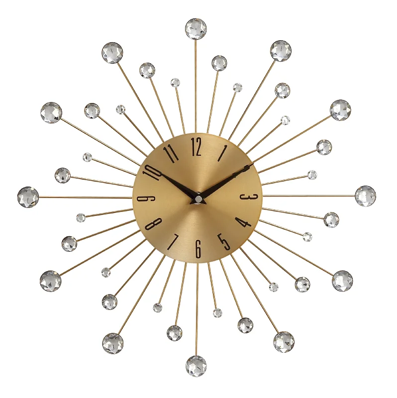 Vintage brass accent lamps-Benzara BM216452 Round Metal Frame Wall Clock with Sunburst Design, Gold and Silver