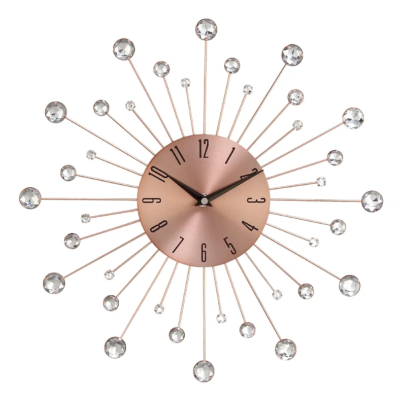 Vintage brass table lamps-Benzara BM216454 Round Metal Frame Wall Clock with Sunburst Design, Copper and Silver