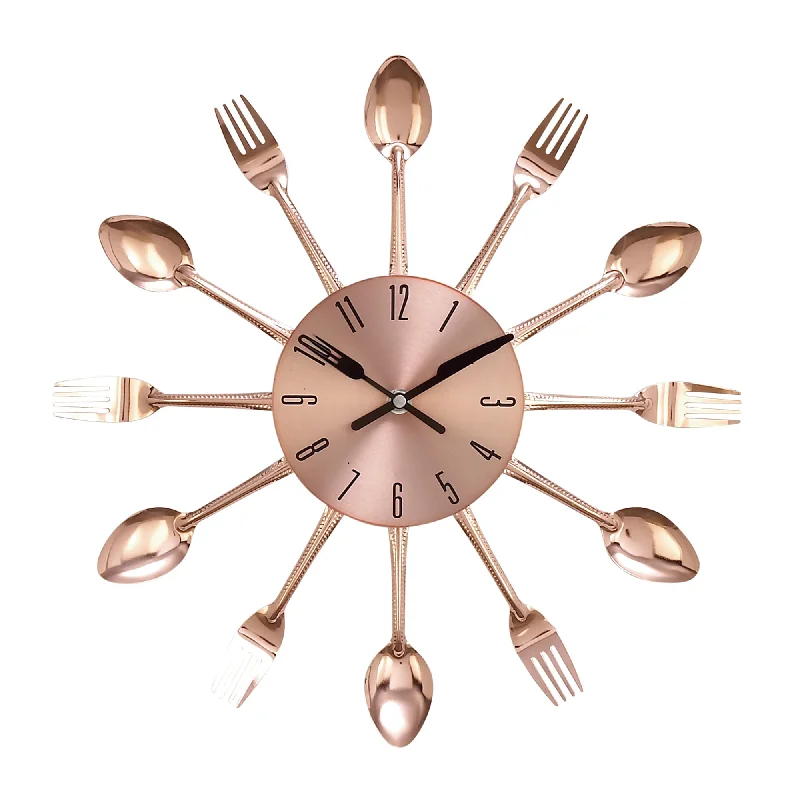 Floral embroidered pillows-Benzara BM216455 Round Metal Frame Wall Clock with Forks and Spoons Accent,Copper and Silver