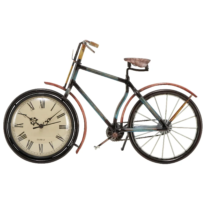 Sleek stainless steel sculptures-Benzara BM216603 Bicycle Shaped Metal Table Clock with Stand Support, Multicolor