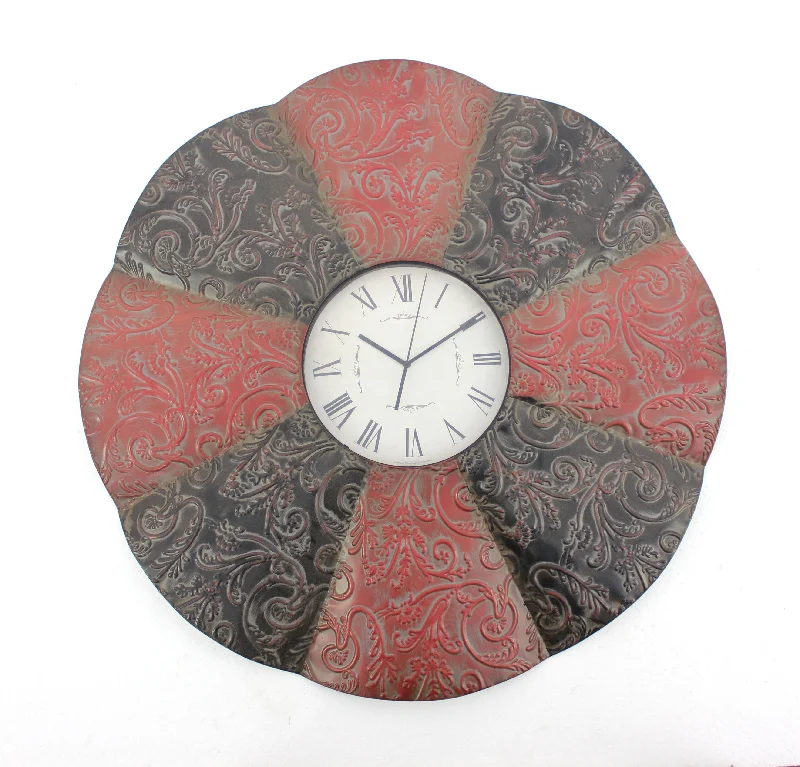 Sleek glass wall sculptures-Benzara BM217263 Blooming Flower Design Metal Wall Clock with Scroll Motifs, Red and Black