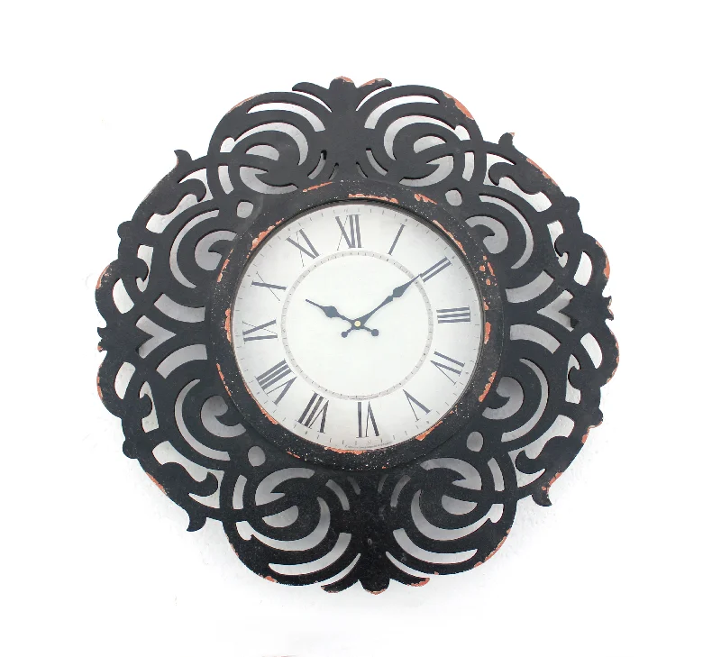 Sleek stainless steel sculptures-Benzara BM217268 Round Metal Wall Clock with Scroll Design Frame, Antique Black