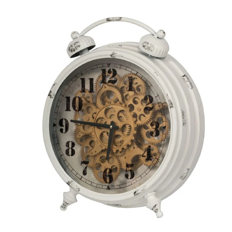 Retro ceramic table vases-Benzara Classic Metal Table Clock with Gears Front and Distressed Details, White and Gold