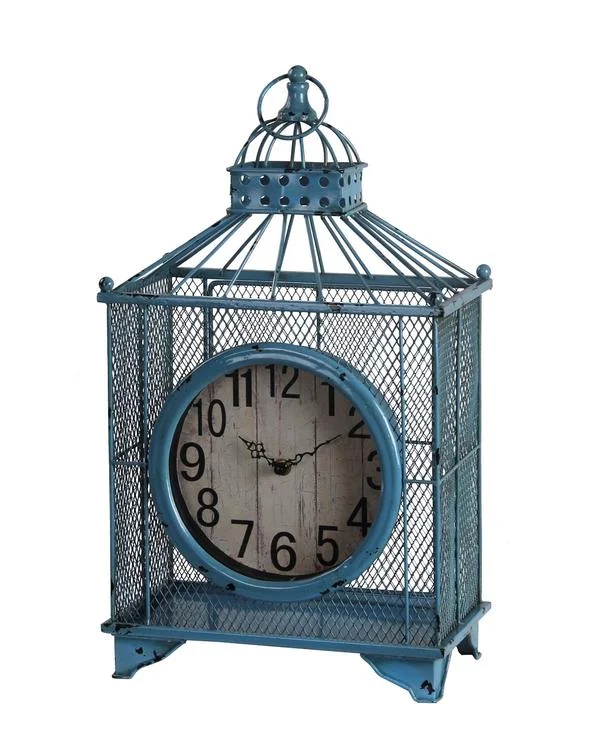 Bold yellow accent rugs-Benzara Mesh Design Iron Table Clock with Ring Handle, Blue and White