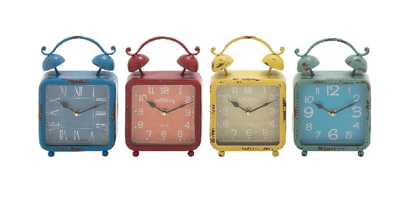 Rustic burlap accent pillows-Benzara The Distressed But Colourful Metal Desk Clock 4 Assorted