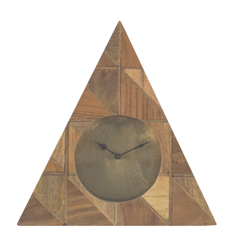 Rustic burlap curtains-Benzara Wooden Triangle Table Clock with Engraved Geometric Details, Brown and Gold