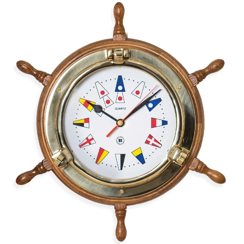 Sleek black sculptures-Bey-Berk Lacquered Brass Porthole Quartz Clock on Oak Ship's Wheel with Nautical Flags SQ518