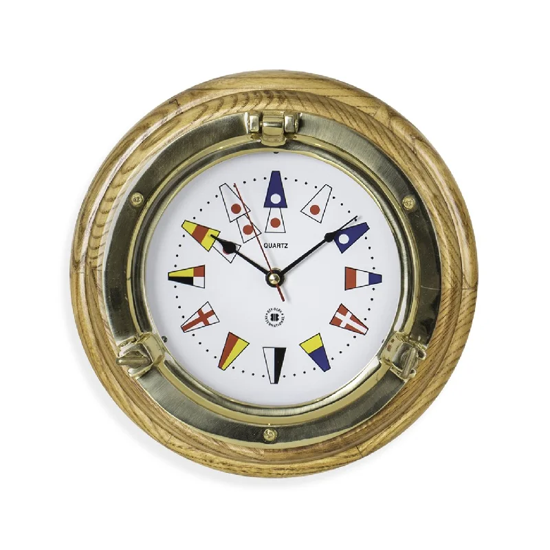 Cute animal-themed rugs-Bey-Berk Lacquered Brass Porthole Quartz Clock with Nautical Flags Dial Face on Oak Wood SQ517