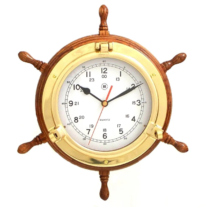 Designer marble table lamps-Bey-Berk Lacquered Brass Porthole Quartz Clock with Ship's Wheel on Oak Wood SQ509