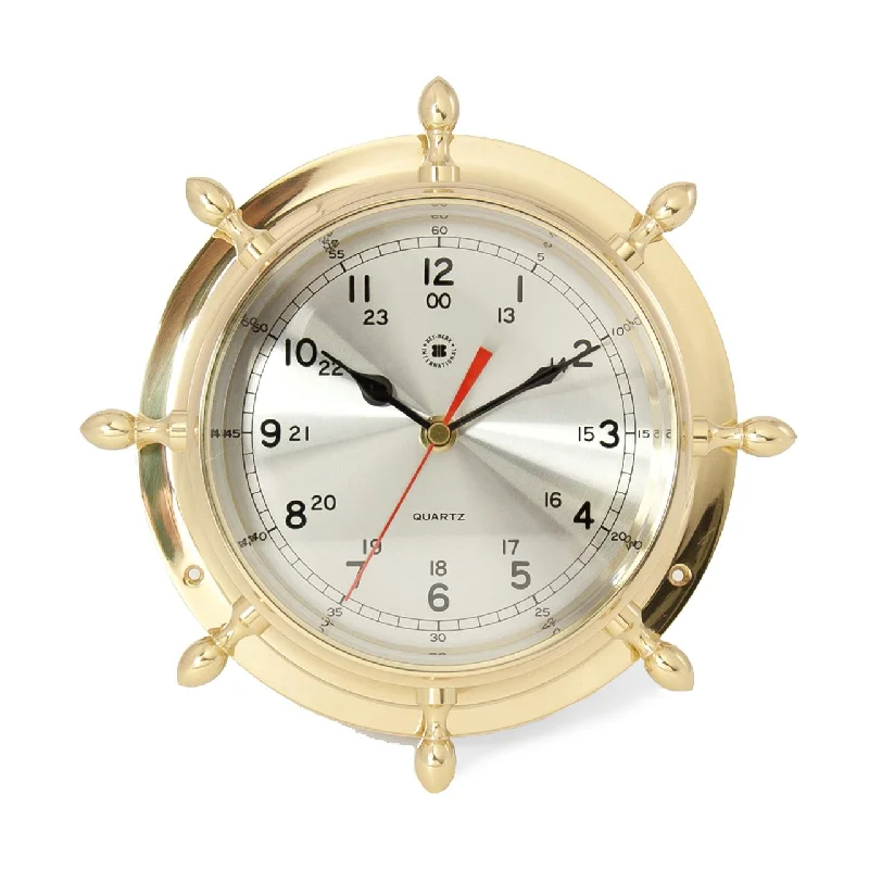 Designer crystal table vases-Bey-Berk Lacquered Brass Ship's Wheel Quartz Clock with Beveled Glass SQ502