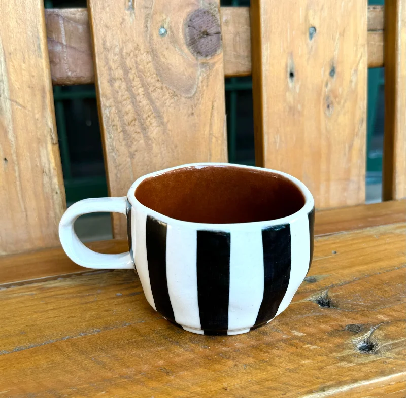 Thermal insulated travel cups-Black stripes & terracotta wobbly mug. Capacity 180ml.