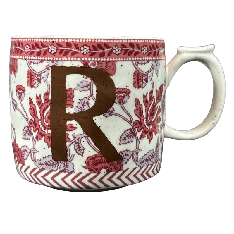 Festive Christmas mugs-Blockprint Letter "R" Monogram Initial Floral Mug Anthropologie