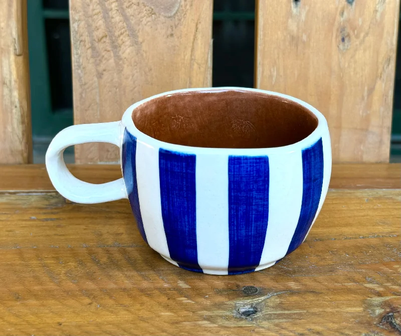 Portable stainless steel mugs-Blue stripes & terracotta wobbly mug. Capacity 180ml.