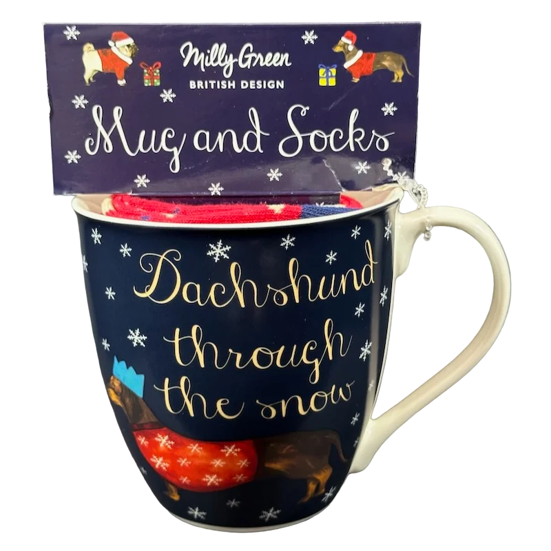 Hand-painted glass tumblers-Dachshund Through The Snow Mug and Socks Milly Green Designs