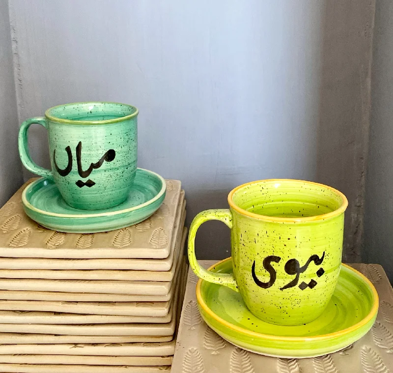 Designer porcelain mugs for tea-Mian Biwi mugs pair in sea green & lime green with matching snacking plates.