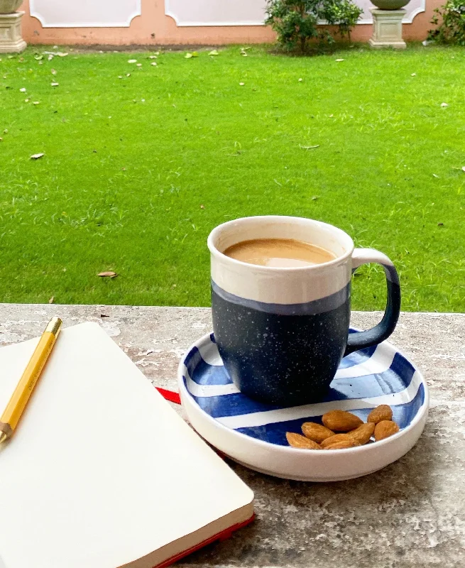 Eco-friendly reusable coffee cups-Navy & white Gloria mug with seaside stripes snacking plate in blue