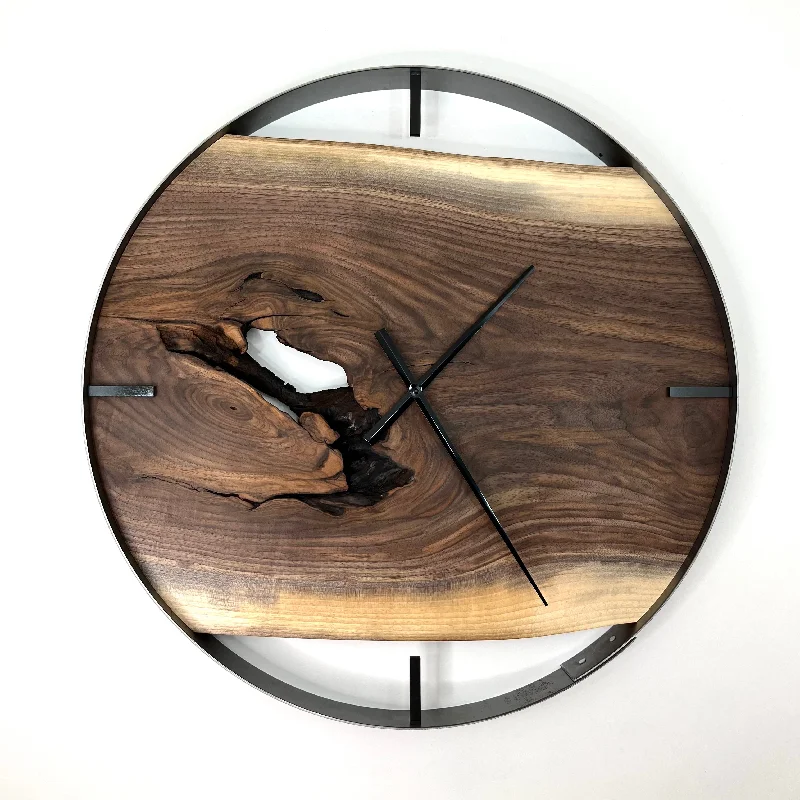 Designer crystal chandeliers-*NEW // 25” Black Walnut Live Edge Wood Clock