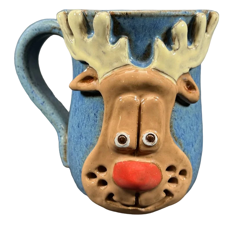 Hand-blown glass cups-Rudolph The Red Nosed Reindeer Embossed Hand Thrown Mug Mudworks Pottery