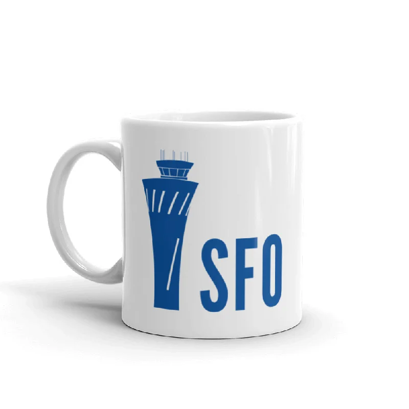 Durable plastic cups for kids-SFO Tower (side view) White glossy mug